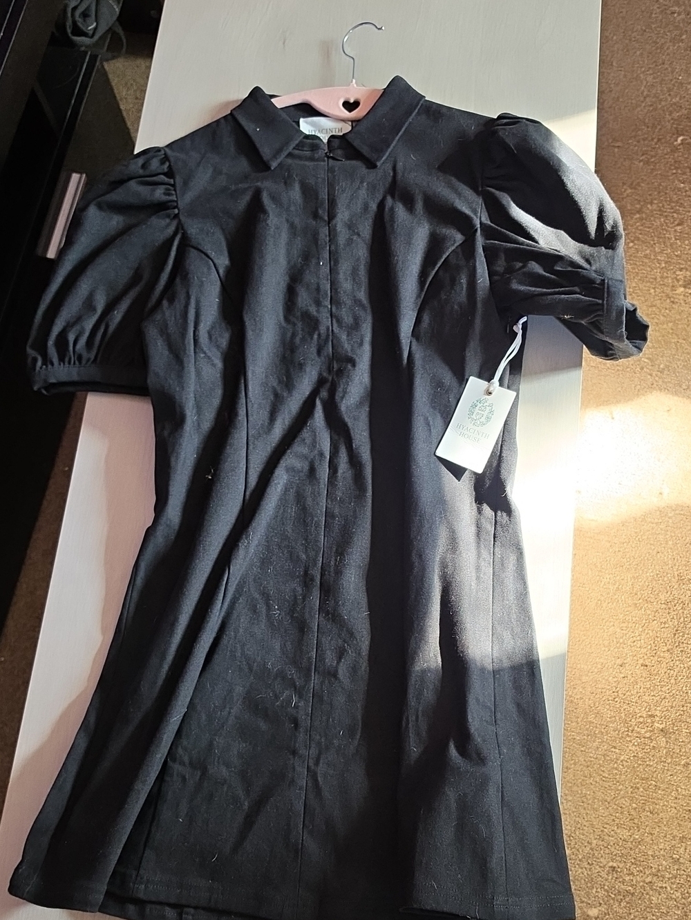 Black Puff-Sleeve Button-Down Dress Shirt